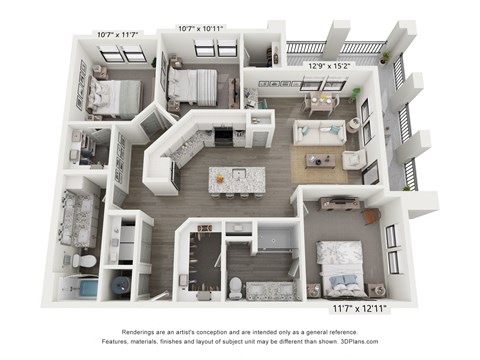 Floor plan for 3 beds, 2 baths, 1363 sqft